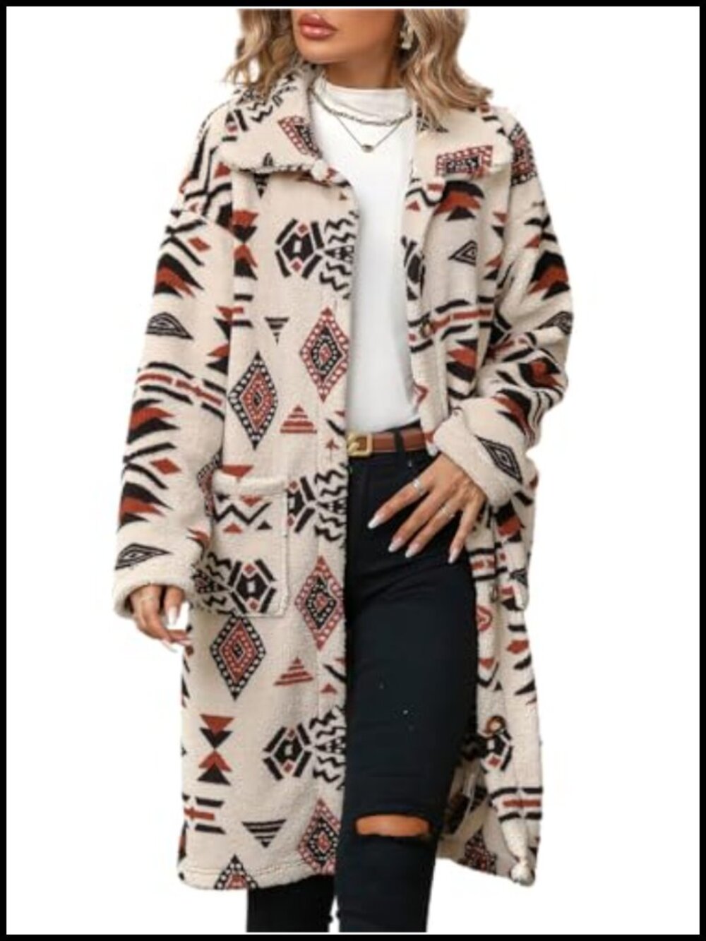 Fleece Trench Coat Button Down Knee Length Loose Fit